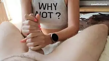 Milf masturbates cuckold and tells him how he will suck her lovers cock